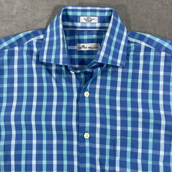 Peter Millar Mens Small Blue Plaid Cotton Silk Short Sleeve Button Up Shirt - Picture 2 of 6